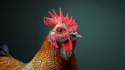 Close-Up Portrait of a Vibrant Rooster Against Dark Background