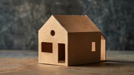 A simple cardboard house model sits on a rustic surface