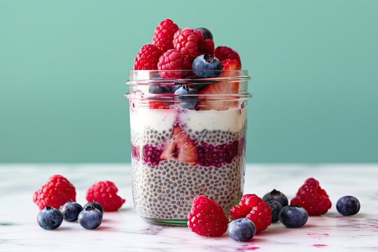 A mason jar filled with chia pudding, layered with coconut milk and berries