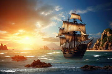 Majestic Sailing Ship on a Seascape at Sunset