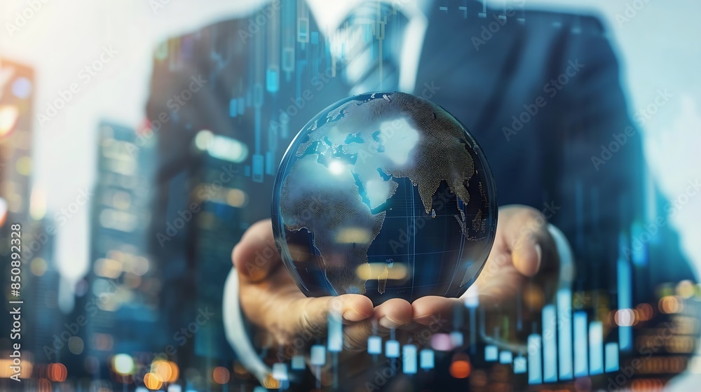 Aufkleber Business person master global marketing and finance with insights Navigate the complexities of global markets enhancing strategies and marketing reach Success in global finance and mar : Generative AI