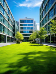 Modern Commercial Office Buildings with Lush Green Lawn