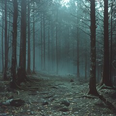 Fototapeta premium Mystical Aokigahara Forest with Dense Trees and Misty Atmosphere