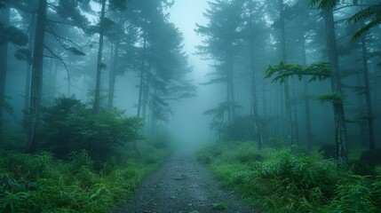 Fototapeta premium Mysterious and Foggy Aokigahara Forest Path in Japan