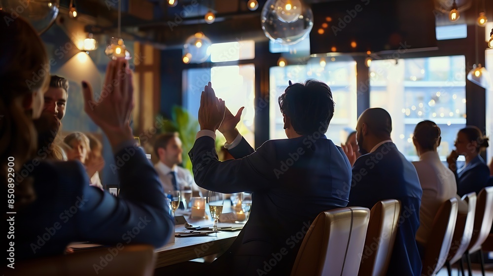 Poster applause business people and meeting for support at presentation architect group with speaker and pr