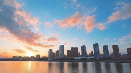 Fototapeta premium Vibrant Sunset over Urban Skyline by the River