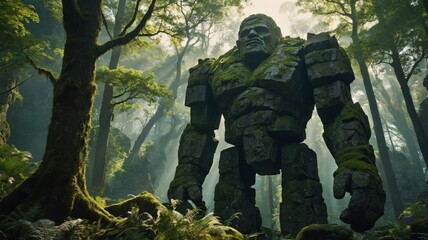 Fototapeta premium Giant stone golem among ancient stone ruins in a forest, fantasy concept.