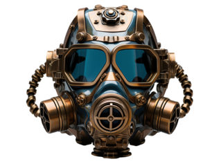 a blue and gold gas mask