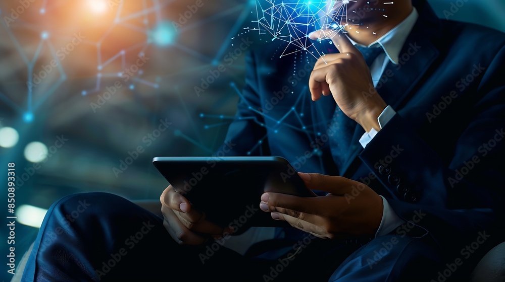 Poster Business thinking and man with tablet ideas or opportunity with decision choice or laptop Person financial advisor or employee with tech thoughts or problem solving with solution or di : Generative AI
