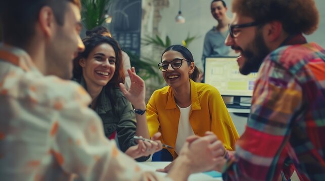 Cheerful diverse office people group talking and enjoying teamwork during staff meeting and using sales charts Happy multiracial coworkers have fun working together at office brainstor : Generative AI