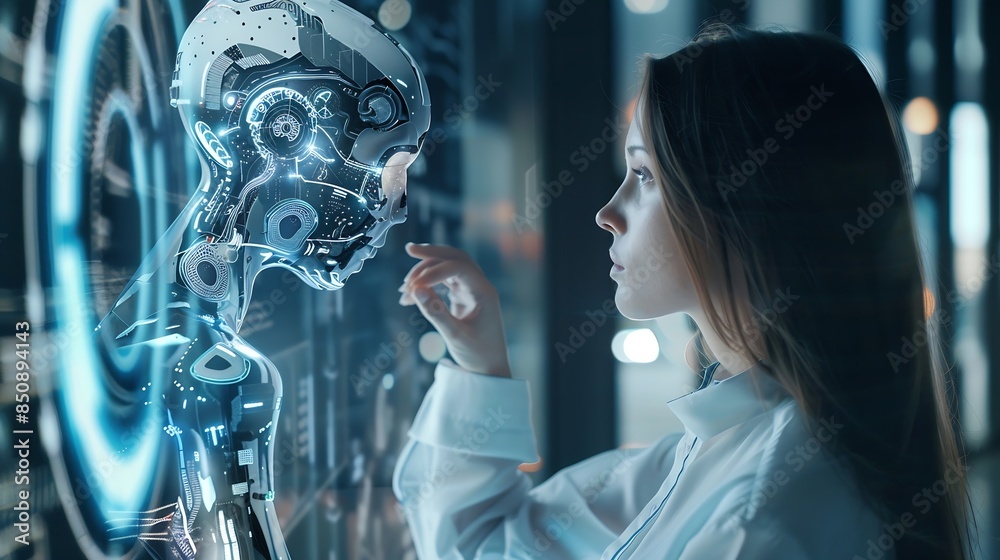 Poster Human interact with AI artificial intelligence virtual assistant chatbot in concept of AI artificial intelligence prompt engineering LLM AI deep learning to use generative AI for work  : Generative AI