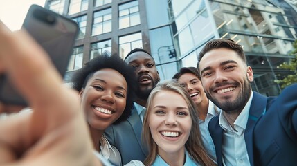 Obraz premium Vertical image of a cheerful group of multiracial business people taking a selfie together outside office building looking at the camera smiling Copy space : Generative AI