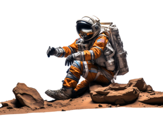 a astronaut sitting on a pile of dirt