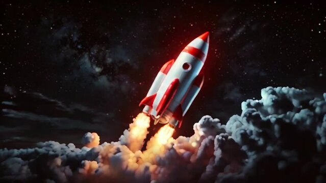 A cartoon rocket ship with red and white stripes is blasting off into space. There are clouds and stars in the background.