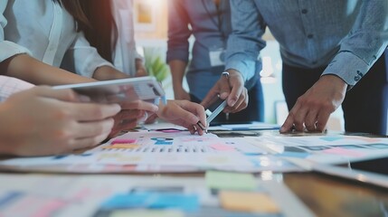 Design project management and tablet with team of business people in creative workplace together Collaboration planning or technology with man and woman designer group in office for di : Generative AI