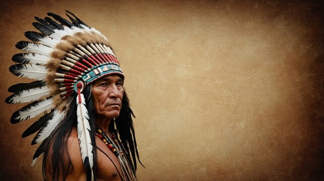 Indian wearing a headdress, indigenous culture concept.