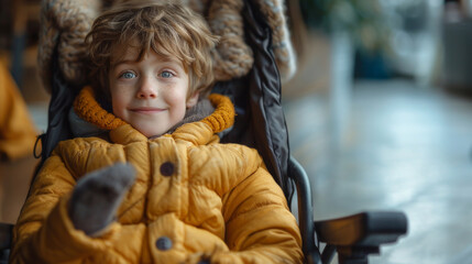 Cheerful Boy with Disability in Yellow Jacket Enjoys Rehabilitation Center Visit