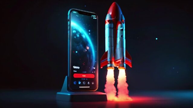 A red and white rocket ship is launching from a black phone. There are stars in the background.