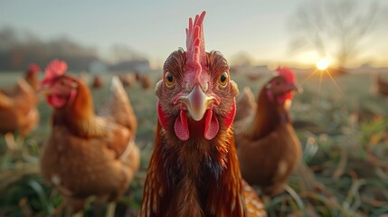 Close-Up Shot of Chickens in Morning Light on a Farm