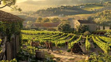 Obraz premium Rural vineyard workers at sunset