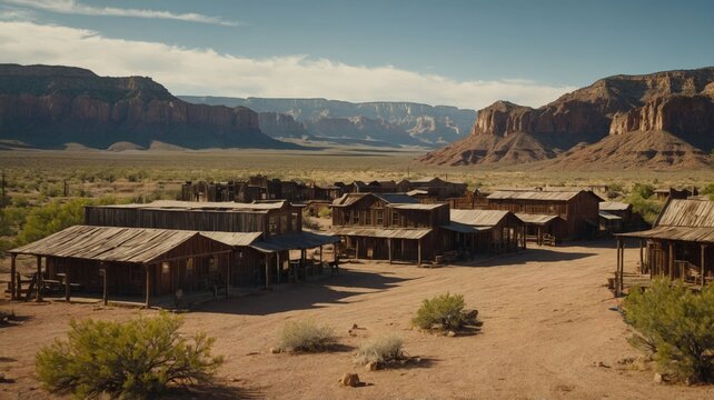 Old western town, canyons in the background.