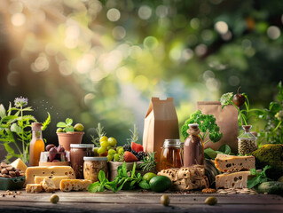 Fresh food market display with paper bags