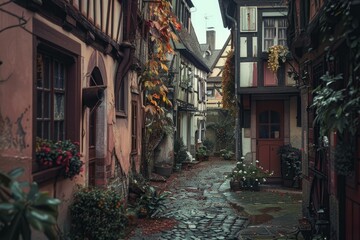 Fototapeta premium Cobblestone street flanked by charming heritage houses with autumn foliage