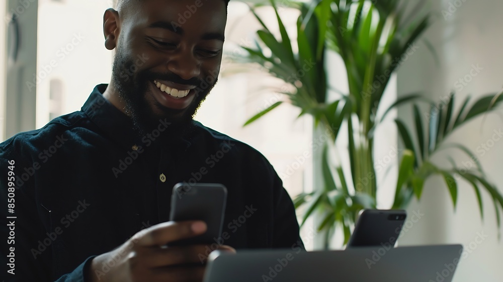 Aufkleber Black man smile and laptop in office with smartphone for web design online project and social media Business person corporate and happy working on digital tech for research planning an : Generative AI