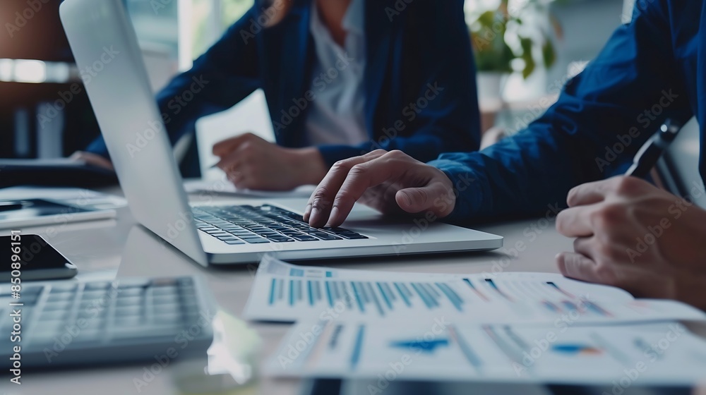 Poster group of business people meeting about business plans presenting and explaining financial charts of 