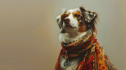Bohemian Australian Shepherd Dog Wearing Eclectic Attire in Studio Lighting