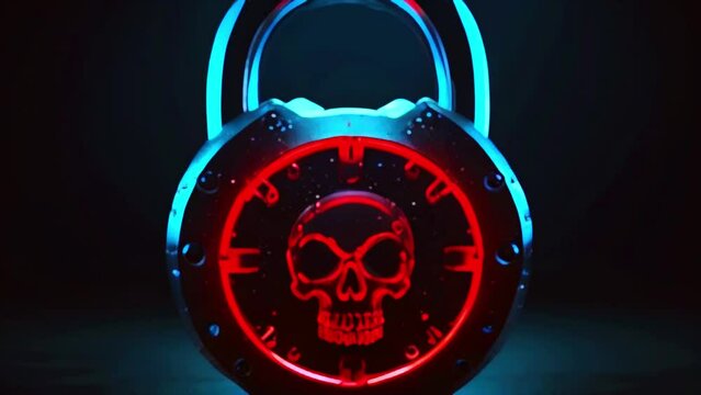 This is a video of a silver padlock with a red skull in the center. The padlock is lit by blue and red lights.