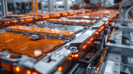 Naklejka premium EV Battery Production Factory. Close-up of Lithium-ion High-voltage Battery Components for Electric Vehicle or Hybrid Car. Battery Module for Automotive Industry Production Line.