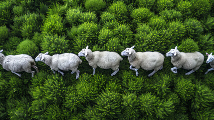 Fototapeta premium Directly Above Shot of Sheep Walking in a Line on Grassy Field
