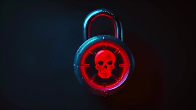 A metal padlock with a red skull symbol on it. The lock is illuminated by a red light.