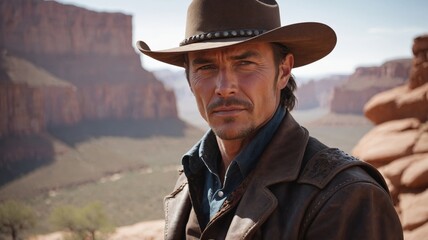 Fototapeta premium Western cowboy man, canyons in the background, old west.