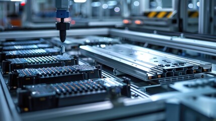 Fototapeta premium EV Battery Production Factory. Close-up of Lithium-ion High-voltage Battery Components for Electric Vehicle or Hybrid Car. Battery Module for Automotive Industry Production Line.
