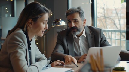 Obraz premium Lawyer or real estate agent make consultation for client Mature Latin business man and European business woman discussing project on laptop sitting at table in office Business people w : Generative AI