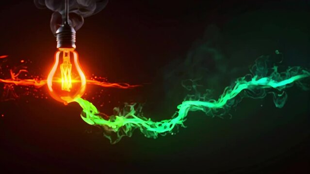 A light bulb with red and green smoke coming out of it on a black background.