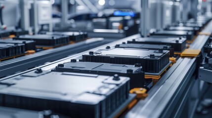 EV Battery Production Factory. Close-up of Lithium-ion High-voltage Battery Components for Electric Vehicle or Hybrid Car. Battery Module for Automotive Industry Production Line.