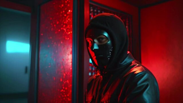 A tief wearing a black leather jacket and a black mask with red lights in the background.