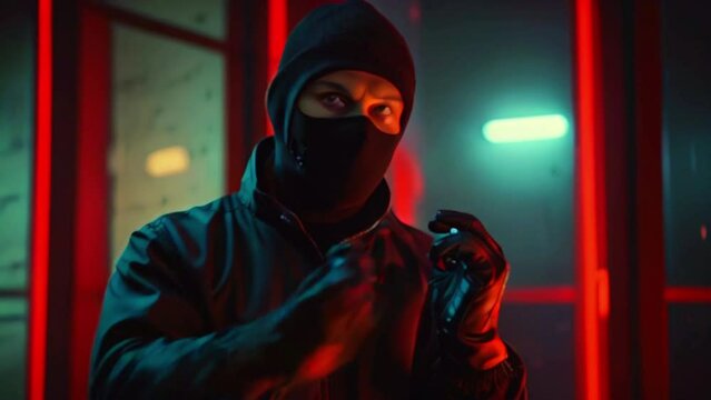 This is a video of a tief in a black ski mask and dark clothing. They are standing in a dark place with red and green lights in the background.