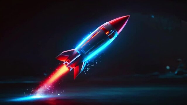 This is a video of a cartoon rocket. The rocket is mostly red with some blue and has a flame coming out of the back. The background is black with some blue and red lights.
