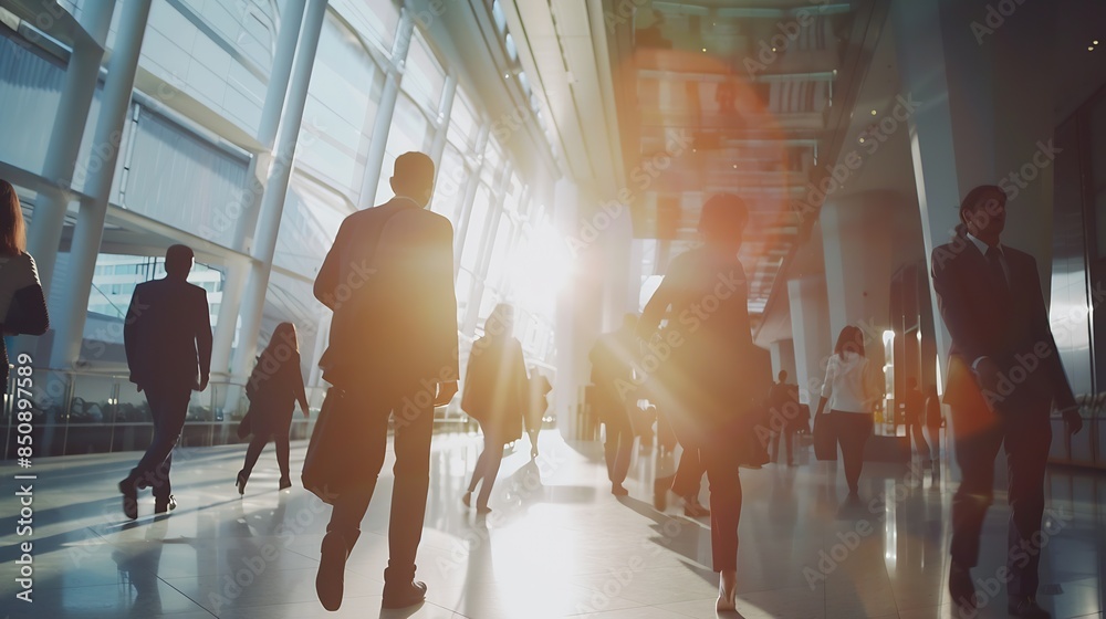 Aufkleber business people walking in the corridor of an business center pronounced motion blur crowded bright modern light office movement defocused office background busy talking and rushing in : Generative AI