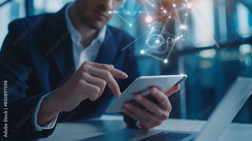Poster Business thinking and man with tablet ideas or opportunity with decision choice or laptop Person financial advisor or employee with tech thoughts or problem solving with solution or di : Generative AI