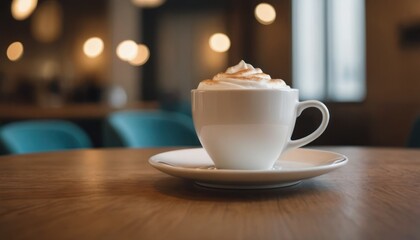 Fototapeta premium Cafe hot cup of coffee on a saucer on a dark background, casting a thin shadow. Bokeh in the background.