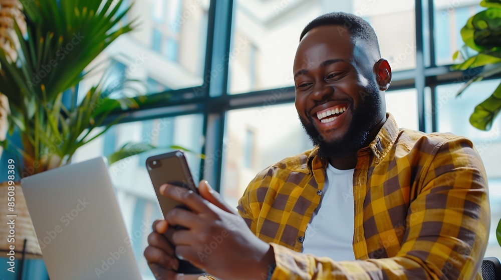Poster black man smile and laptop in office with smartphone for web design online project and social media 