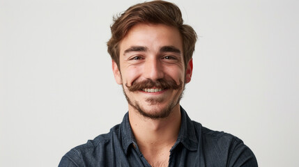 Fototapeta premium Good looking guy with moustache and beard smiling at the camera white background