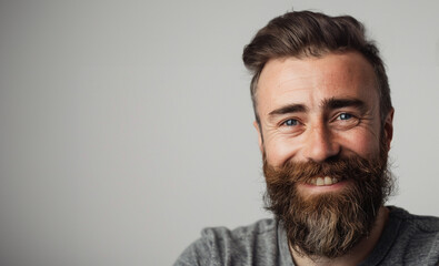 Fototapeta premium Hipster middle age guy with moustache and beard smiling at the camera grey background