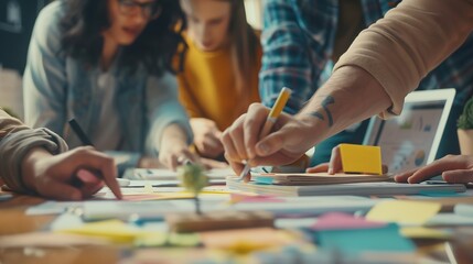 Group of marketing professionals having a meeting Creative business team brainstorming with sticky notes Happy business people putting their ideas together as they plan a project : Generative AI