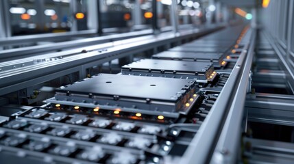 EV Battery Production Factory. Close-up of Lithium-ion High-voltage Battery Components for Electric Vehicle or Hybrid Car. Battery Module for Automotive Industry Production Line.